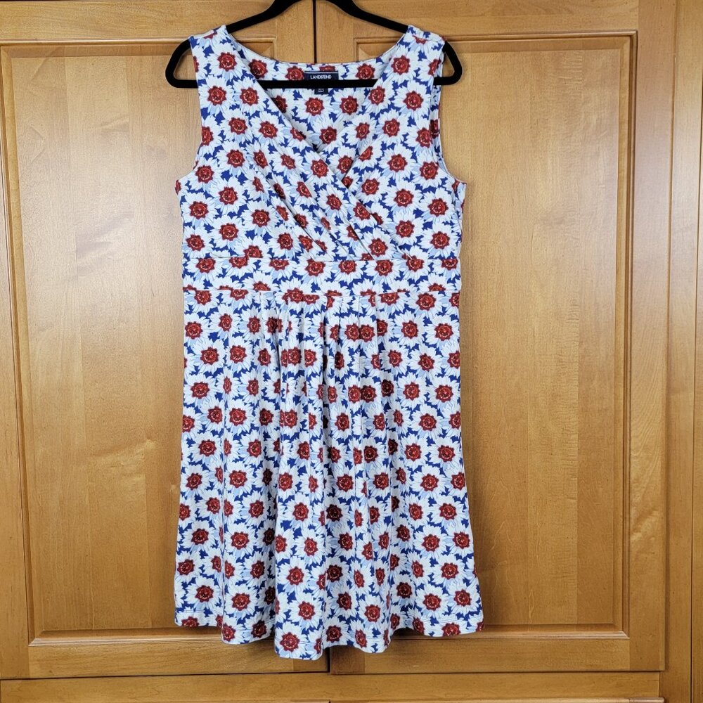 Lands' End Faux Wrap Fit and Flare Sapphire Floral Print Sundress - LP